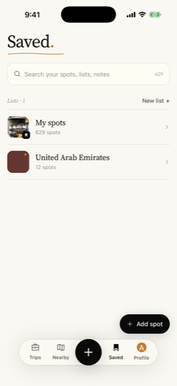 The Lark app showing your saved places and lists